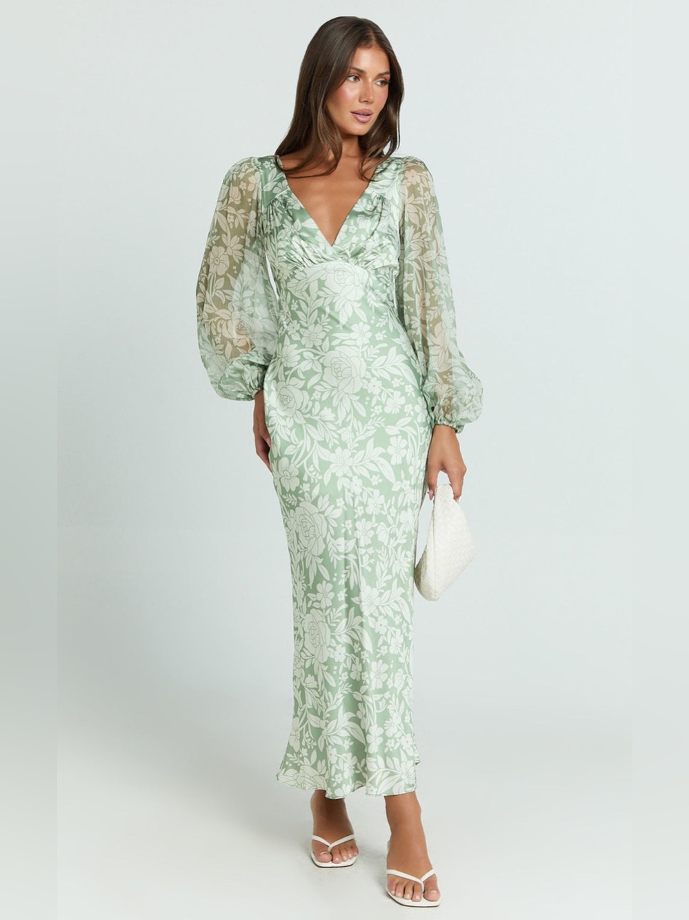 SHOWPO Freollyn Deep V Neck Floral Sheer Sleeve Maxi Dress in Sage Size 10 NWT - Picture 2 of 14